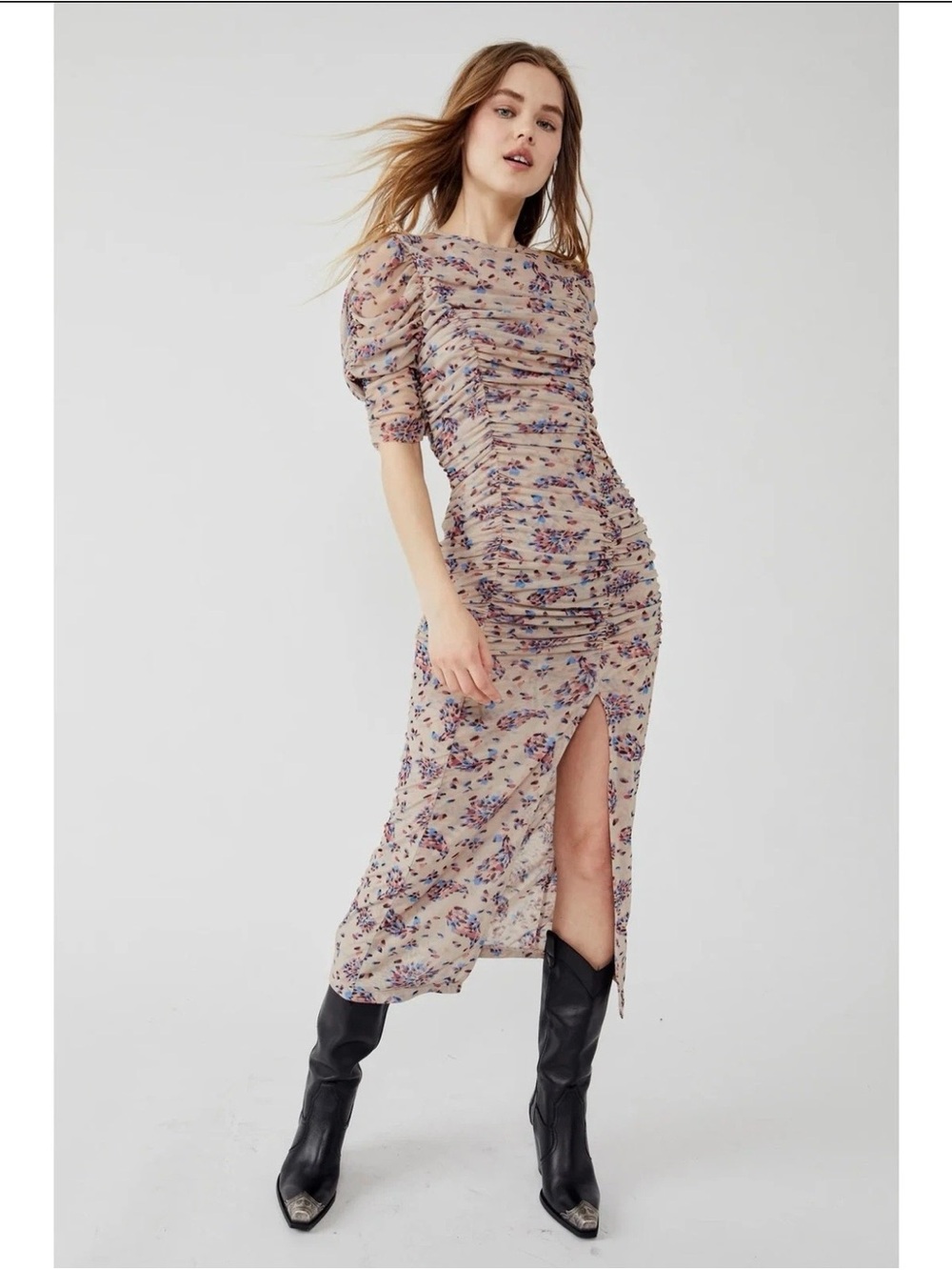 Free People Briella Blush Floral Ruched Midi Dress In Tea Combo Size Medium NWT